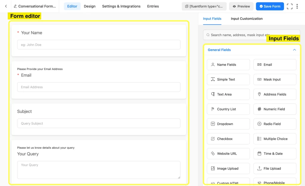 Form editor window in Fluent Forms